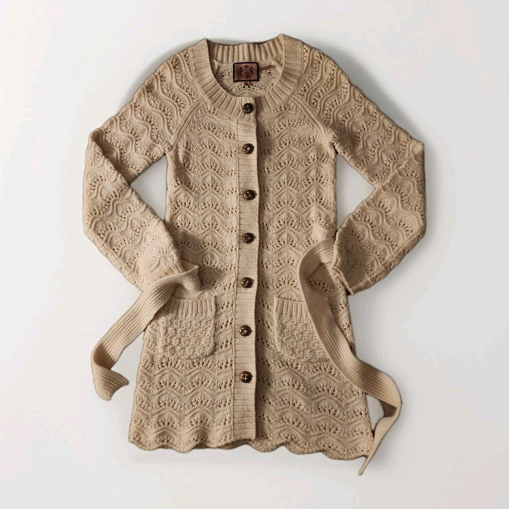Juicy Couture Y2k Cashmere Angora Wool Cream Knit Cardigan Belted Button Pockets View 3